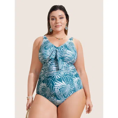 Bloomchic Women's Plus Size Tropical Print Knotted Gathered One Piece Swimsuit Cerulean Tropical Gathered Adap In Blue