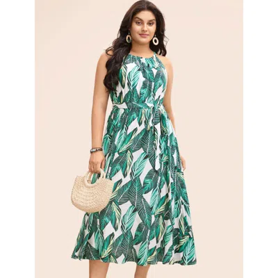 Bloomchic Women's Plus Size Tropical Print Knotted Pocket Ruffles Belted Halter Dress Emerald Tropical Maxi Va In Green