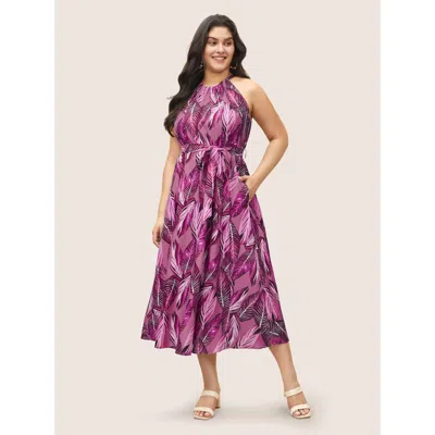 Bloomchic Women's Plus Size Tropical Print Knotted Pocket Ruffles Belted Halter Dress Lilac Tropical Maxi Vaca In Purple