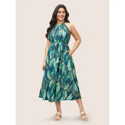 Bloomchic Women's Plus Size Tropical Print Knotted Pocket Ruffles Belted Halter Dress Mediumblue Tropical Maxi