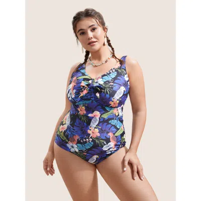 Bloomchic Women's Plus Size Tropical Print Knotted Tummy Control One Piece Swimsuit Multicolor Tropical Non Ad