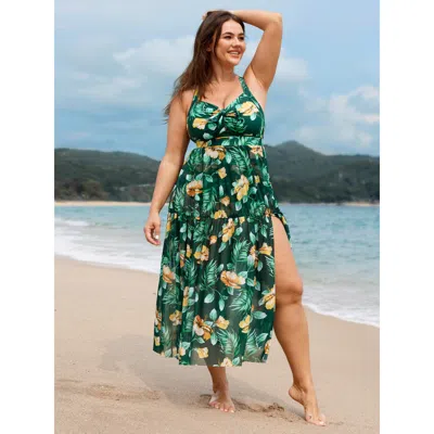 Bloomchic Women's Plus Size Tropical Print One Piece Swimsuit Sarong Set Darkgreen Tropical See Through Adapti In Green