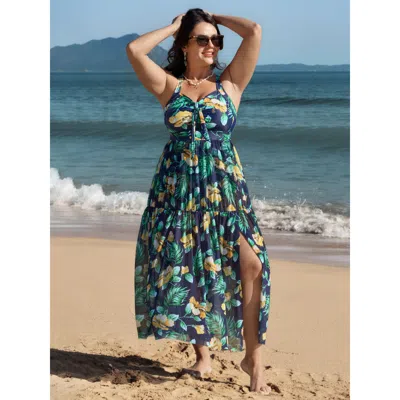 Bloomchic Women's Plus Size Tropical Print One Piece Swimsuit Sarong Set Indigo Tropical See Through Adaptive- In Purple
