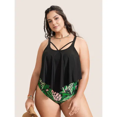 Bloomchic Women's Plus Size Tropical Print Patchwork Crisscross One Piece Swimsuit Black Tropical Gathered Ada