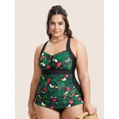 Bloomchic Women's Plus Size Tropical Print Patchwork Gathered Swim Top Black Tropical Sleeveless Gathered Adap