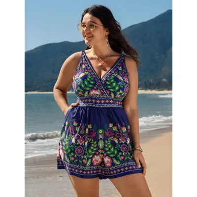Bloomchic Women's Plus Size Tropical Print Pockets One-piece Swimsuit Aegean Tropical Adaptive-fit 12/l In Blue