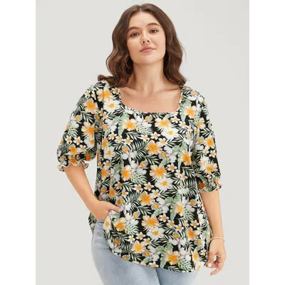 Bloomchic Women's Plus Size Tropical Print Puff Sleeve Ruffles Trim Square Neck Blouse Blackflower Dailywear 3