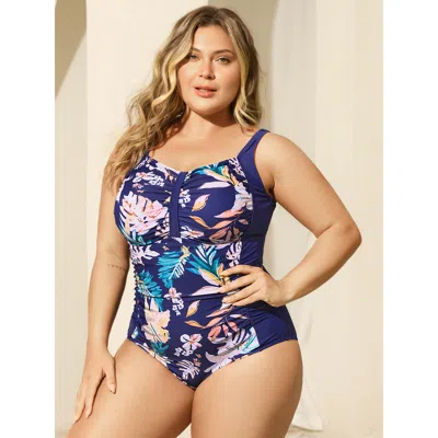 Bloomchic Women's Plus Size Tropical Print Ruched One-piece Swimsuit Indigo Tropical Gathered Adaptive-fit 30/ In Purple