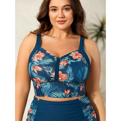 Bloomchic Women's Plus Size Tropical Print Ruched Spliced Bikini Top Indigo Tropical Sleeveless Ruched Adaptiv In Purple
