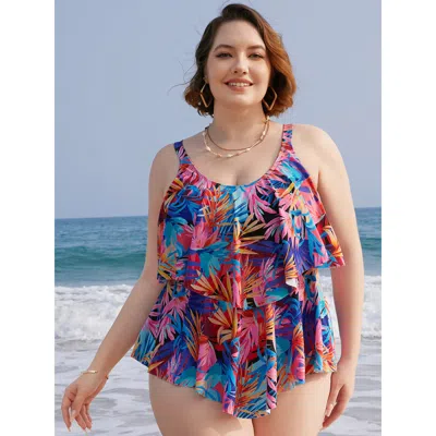 Bloomchic Women's Plus Size Tropical Print Ruffle Tiered Tankini Top Multicolor Adjustable Straps 10/m