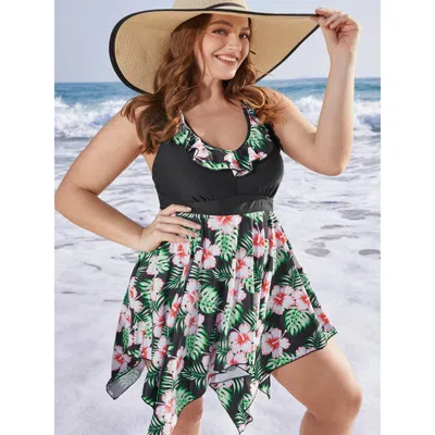Bloomchic Women's Plus Size Tropical Print Ruffle Trim Hanky Hem Tankini Top Blackflower Tropical Sleeveless A
