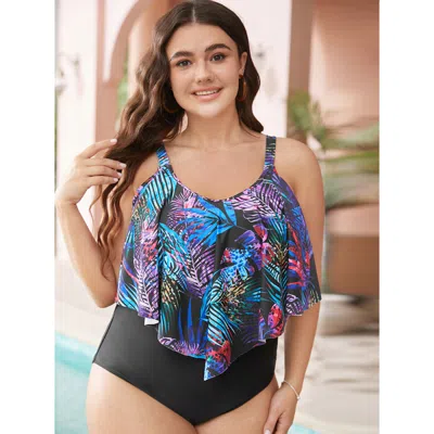 Bloomchic Women's Plus Size Tropical Print Ruffle Trim One Piece Swimsuit Blackflower Tropical Adjustable Stra