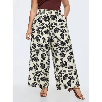 Bloomchic Women's Plus Size Tropical Print Shirred Drawstring Waist Pants Beige Floral Wide Leg Mid Rise Elega In Sand