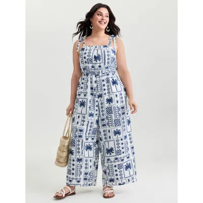 Bloomchic Women's Plus Size Tropical Print Shoulder-tie Wide-leg Jumpsuit Originalwhite Vacation 12/l