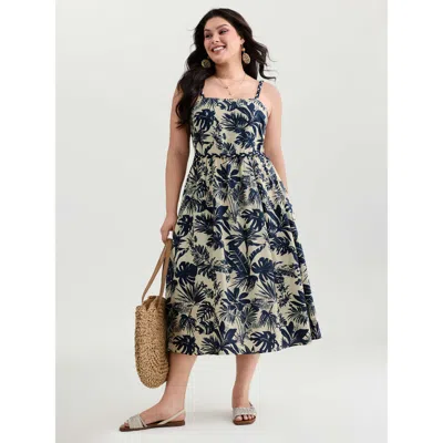 Bloomchic Women's Plus Size Tropical Print Stretchy Waist Midi Dress Indigo Tropical Midi Vacation 30/6x In Purple