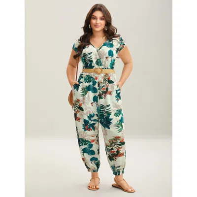 Bloomchic Women's Plus Size Tropical Print Surplice Neck Back Tie Jumpsuit Emerald Vacation 30/6x In Green
