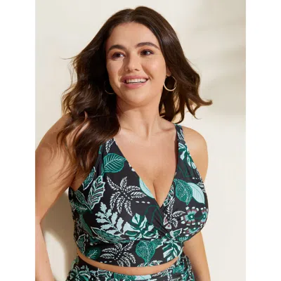 Bloomchic Women's Plus Size Tropical Print Surplice Neckline Bikini Top Black Tropical Non Adjustable Straps 1