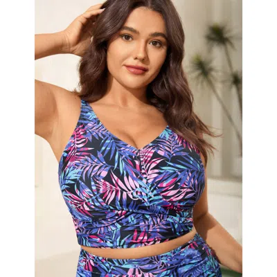 Bloomchic Women's Plus Size Tropical Print Twist Bikini Top Multicolor Tropical Sleeveless Twist Adaptive-fit 
