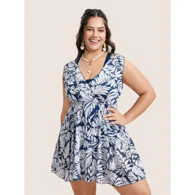 Bloomchic Women's Plus Size Tropical Print V Neck Sleeveless Swim Dress Indigo Tropical Colorblock Adaptive-fi In Purple