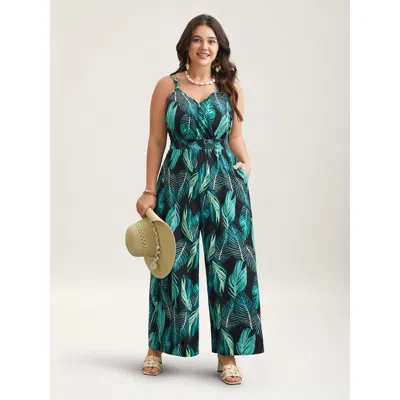 Bloomchic Women's Plus Size Tropical Print Waist-cinched Pockets Jumpsuit Black Vacation 30/6x