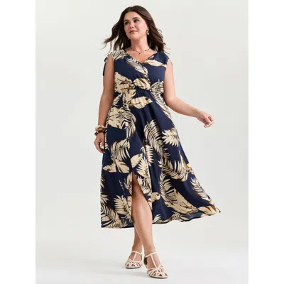 Bloomchic Women's Plus Size Tropical Print Wrap Neck Shoulder-tie Midi Dress Darkblue Tropical Midi Vacation O In Blue