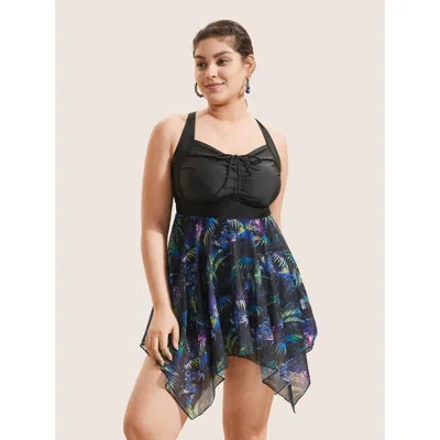 Bloomchic Women's Plus Size Tropical Ruched Ties Hanky Hem Crisscross Swim Dress Blackflower Tropical Ruched A