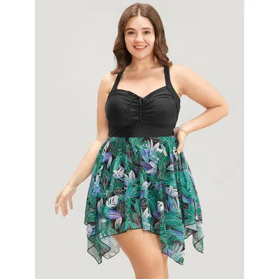 Bloomchic Women's Plus Size Tropical Ruched Ties Hanky Hem Crisscross Swim Dress Green Tropical Ruched Adaptiv