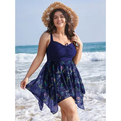 Bloomchic Women's Plus Size Tropical Ruched Ties Hanky Hem Crisscross Swim Dress Indigo Tropical Ruched Adapti In Purple