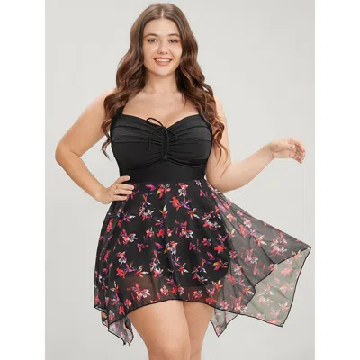 Bloomchic Women's Plus Size Tropical Ruched Ties Hanky Hem Crisscross Swim Dress Red Tropical Ruched Adaptive-