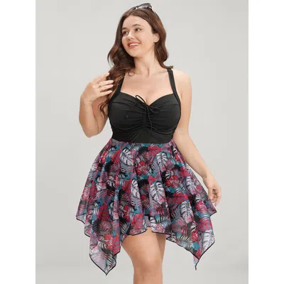 Bloomchic Women's Plus Size Tropical Ruched Ties Hanky Hem Crisscross Swim Dress Teal Tropical Ruched Adaptive In Blue