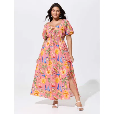 Bloomchic Women's Plus Size Tropical Vacation Print Shirred Waist Maxi Dress Multicolor Palm Maxi Vacation Lac