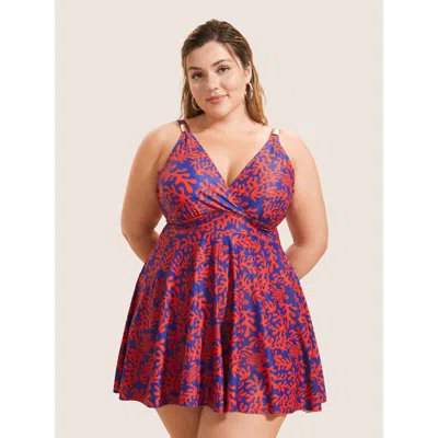 Bloomchic Women's Plus Size Tropical Wrap Bodycon Cami Swim Dress Darkblue Tropical Overlapping Adaptive-fit 1 In Blue
