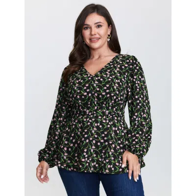Bloomchic Women's Plus Size Tulip Print Cinched Flared Blouse Black Ditsy Floral Elegant Long Sleeve V-neck 18