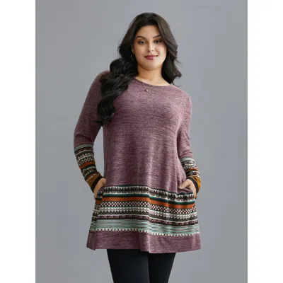 Bloomchic Women's Plus Size Tunic Boho Print Pocket T-shirt Deeppurplered Else Casual Long Sleeve Round Neck 2