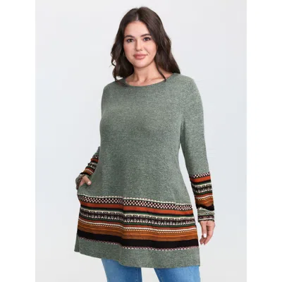 Bloomchic Women's Plus Size Tunic Boho Print Pocket T-shirt Sage Else Casual Long Sleeve Round Neck 10/m In Green