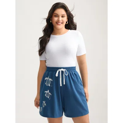 Bloomchic Women's Plus Size Turtle Print Drawstring Straight-leg Shorts Mediumblue Casual Straight Fit Ruched 