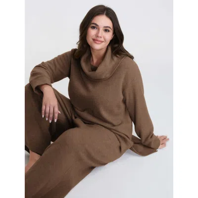 Bloomchic Women's Plus Size Turtleneck Snuggle-worthy Loungewear Set Darkbrown Solid Long Sleeve 10/m In Brown
