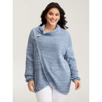 Bloomchic Women's Plus Size Turtleneck Wrap Adjustable Button Pullover Aegean Long Sleeve 18-20/2x In Blue