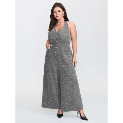 Bloomchic Women's Plus Size Tweed Backless Halter Neck Stretchy Waist Jumpsuit Black Elegant Fitted 10/m