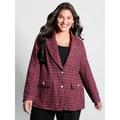 Bloomchic Women's Plus Size Tweed Brooch Waist-defining Blazer Burgundy Button Sleeve Extra Long Sleeve 14-16/