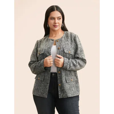 Bloomchic Women's Plus Size Tweed Button Up Flap Pocket Coat Black Button H-line 10/m
