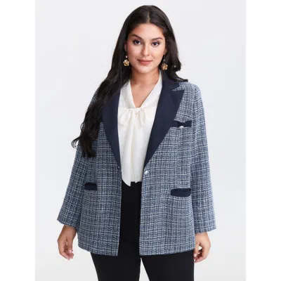 Bloomchic Women's Plus Size Tweed Color Contrast Blazer Darkblue Patchwork Sleeve Long Sleeve 10/m In Blue