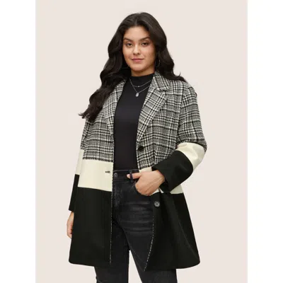 Bloomchic Women's Plus Size Tweed Colorblock Contrast Button Up Coat Black Texture 10/m