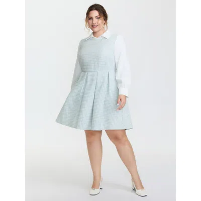 Bloomchic Women's Plus Size Tweed Colorblock Pleated Midi Dress Lightblue Plaid Knee Elegant 10/m In Blue