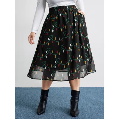 Bloomchic Women's Plus Size Tweed Fairy Lights Pockets Midi Skirt Blackflower Smocked A-line Elegant 22-24/3x