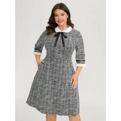 Bloomchic Women's Plus Size Tweed Knit Doll Collar Pockets Mini Dress Blackflower Plaid Midi Elegant Colorbloc