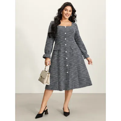 Bloomchic Women's Plus Size Tweed Knit Pearl Button Stretchy Midi Dress Black Non Midi Office 14-16/1x