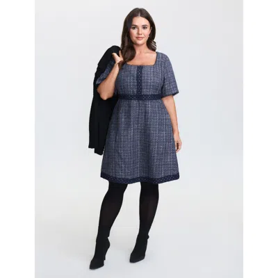 Bloomchic Women's Plus Size Tweed Lace Trim Square Neckline Midi Dress Aegean Plaid Short Elegant 10/m In Blue