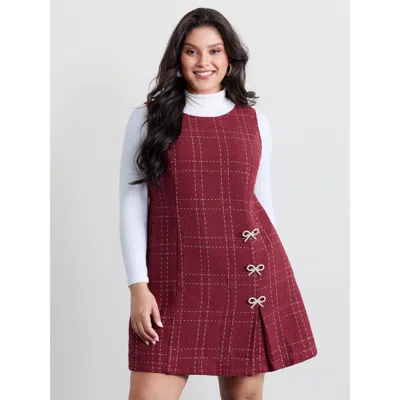 Bloomchic Women's Plus Size Tweed Metal Bows Knee-length Dress Burgundy Plaid Mini Elegant Grommets 10/m