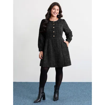 Bloomchic Women's Plus Size Tweed Metal Button Stretchy Waist Knee Dress Black Else Midi Elegant Button Front 